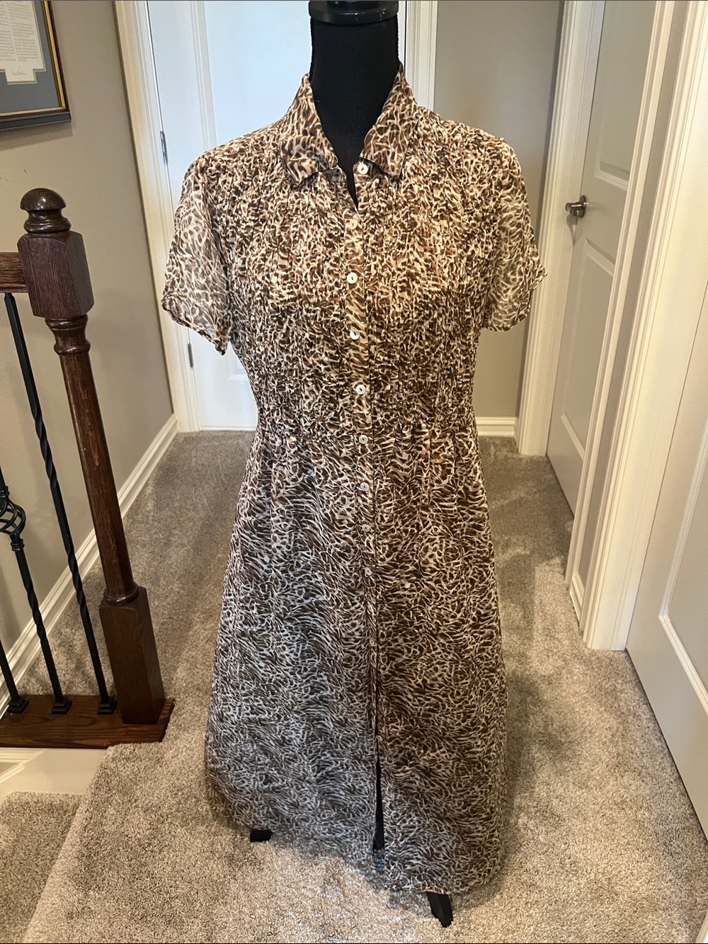 Robbie Bee Brown and Cream Animal-Print Maxi Shirt Dress 100% Silk